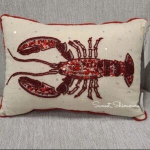 14" Coastal Collection Red Lobster Beaded Sequined Throw Pillow Gorgeous!